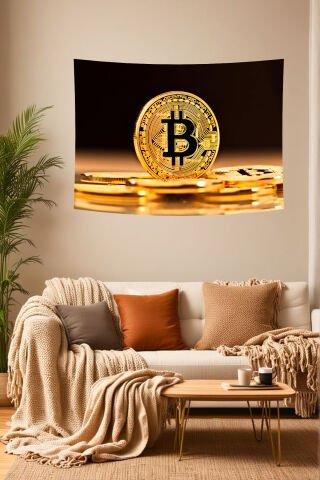 Altın Bitcoin Desenli Duvar Örtüsü