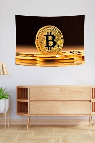 Altın Bitcoin Desenli Duvar Örtüsü