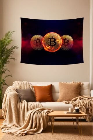 Ateşli Bitcoin Desenli Duvar Örtüsü