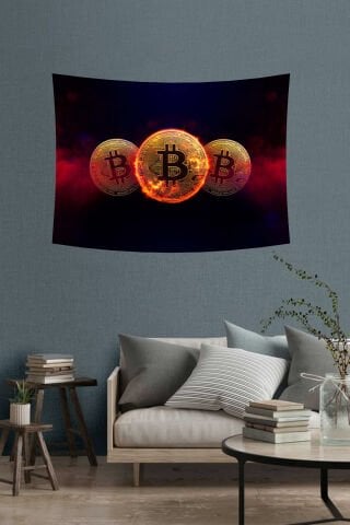 Ateşli Bitcoin Desenli Duvar Örtüsü
