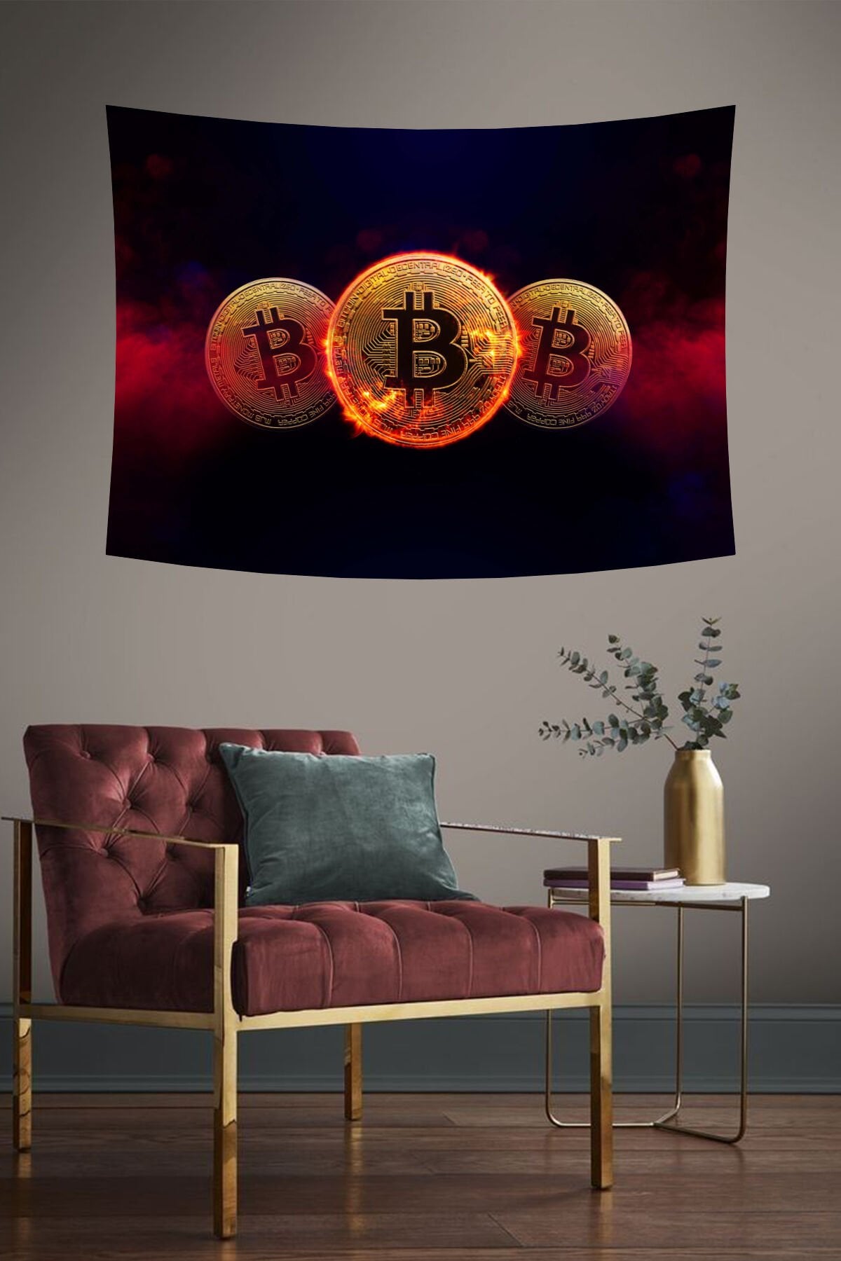 Ateşli Bitcoin Desenli Duvar Örtüsü