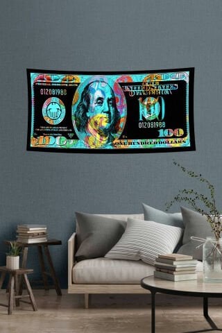 Renkli 100 Dolar Desenli Duvar Örtüsü