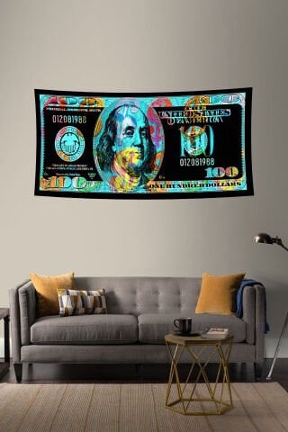 Renkli 100 Dolar Desenli Duvar Örtüsü