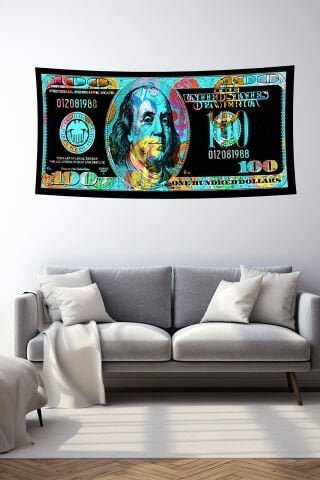 Renkli 100 Dolar Desenli Duvar Örtüsü
