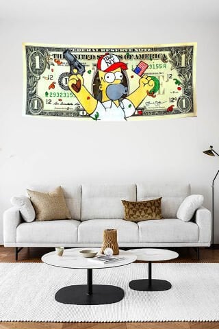 Homer Karikatür Dolar Desenli Duvar Örtüsü