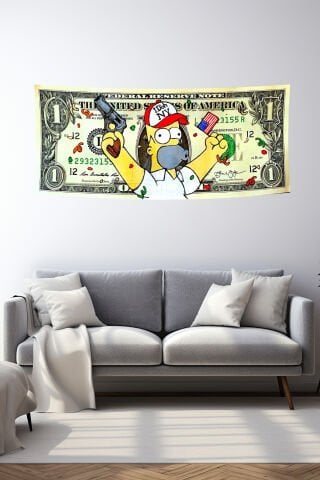Homer Karikatür Dolar Desenli Duvar Örtüsü