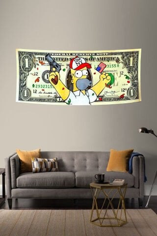 Homer Karikatür Dolar Desenli Duvar Örtüsü
