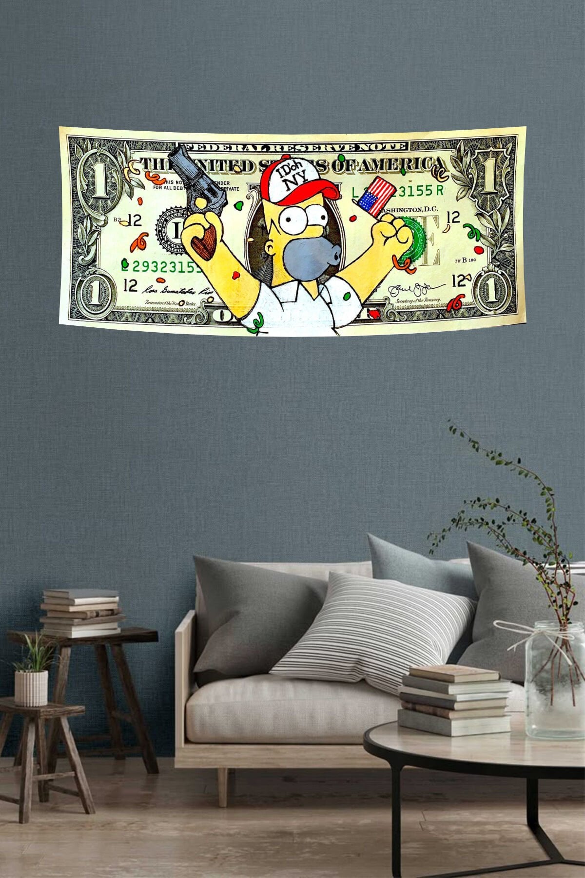 Homer Karikatür Dolar Desenli Duvar Örtüsü