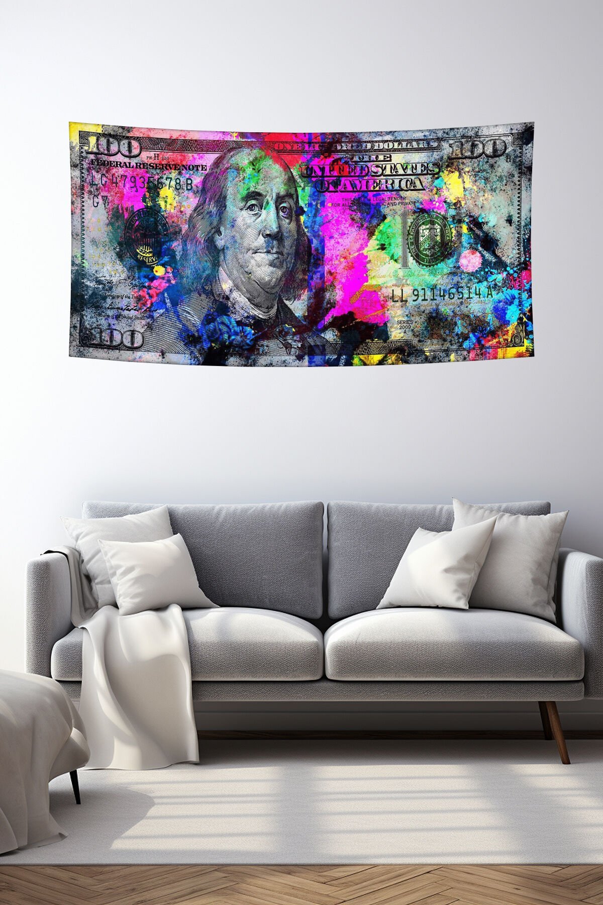 Renkli 100 Dolar Pop Art Duvar Örtüsü