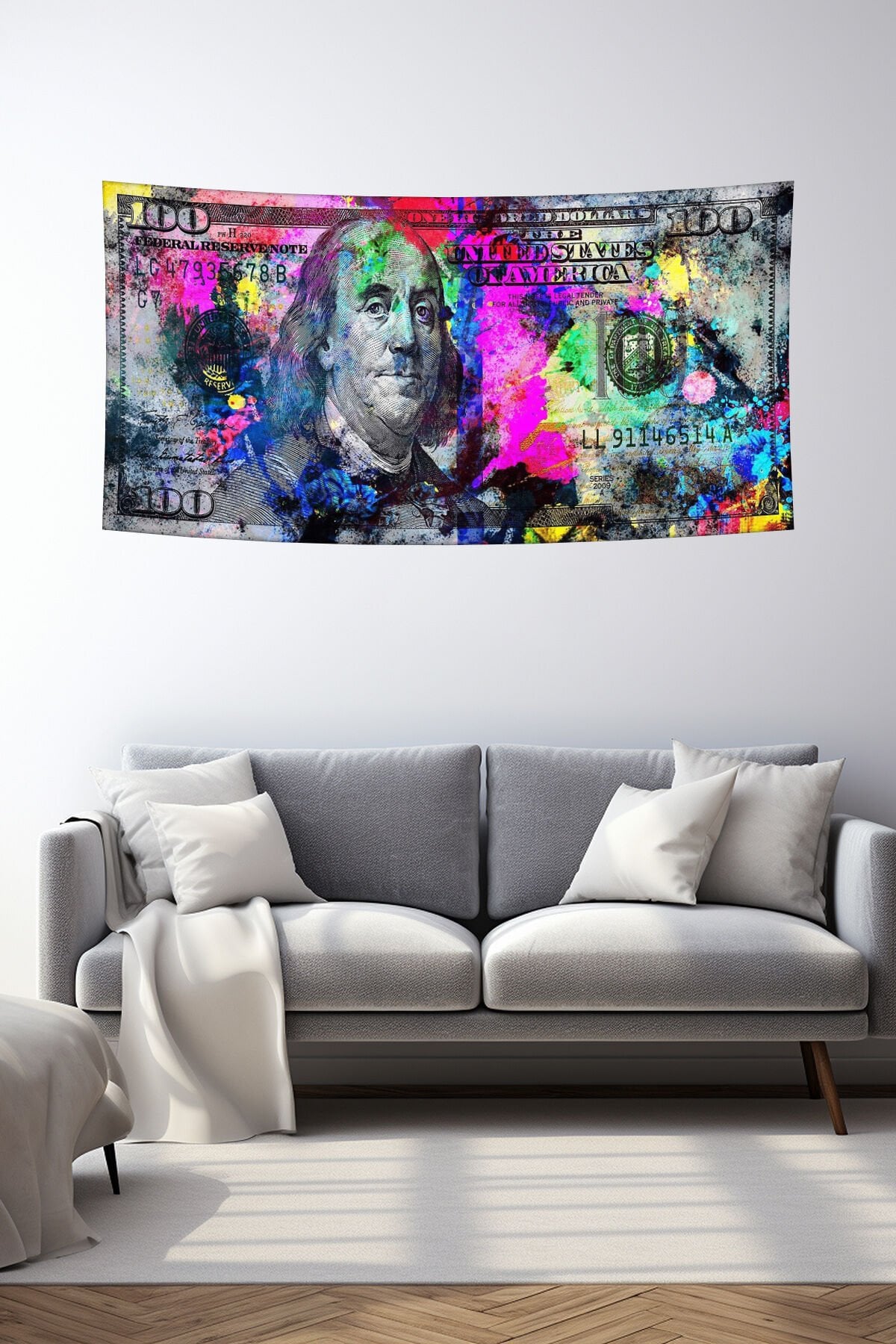 Renkli 100 Dolar Pop Art Duvar Örtüsü