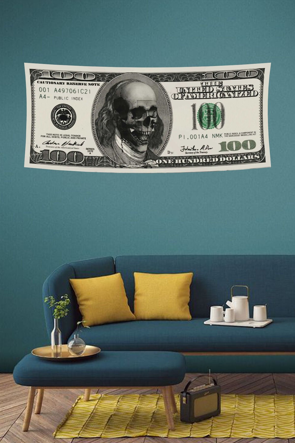 Kafatası Tasarımlı 100 Dolar Duvar Örtüsü