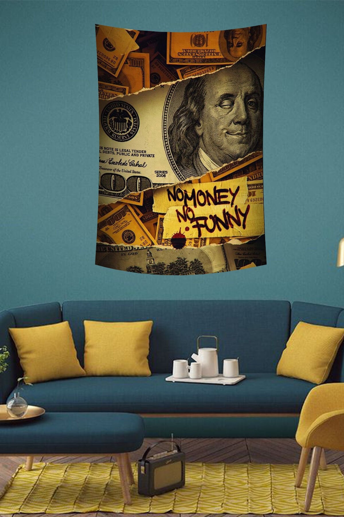 No Money No Funny Yazılı Dolar Duvar Örtüsü