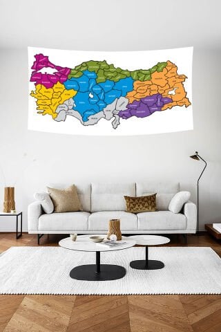 Renkli Türkiye Bölgeler ve İller Haritası Duvar Örtüsü