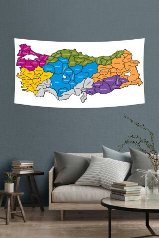 Renkli Türkiye Bölgeler ve İller Haritası Duvar Örtüsü