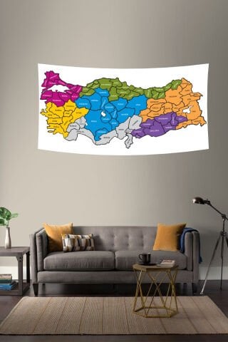 Renkli Türkiye Bölgeler ve İller Haritası Duvar Örtüsü