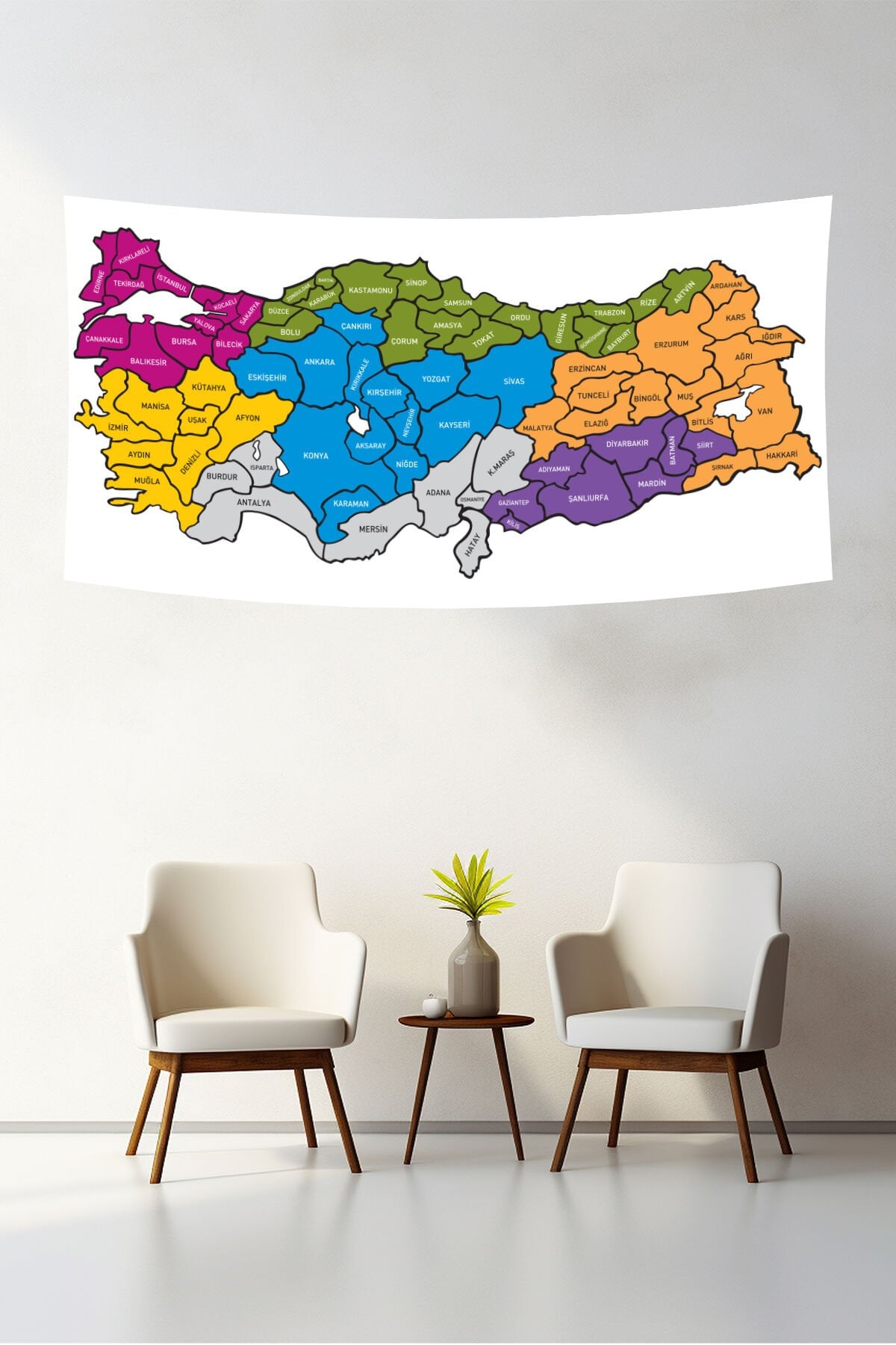 Renkli Türkiye Bölgeler ve İller Haritası Duvar Örtüsü
