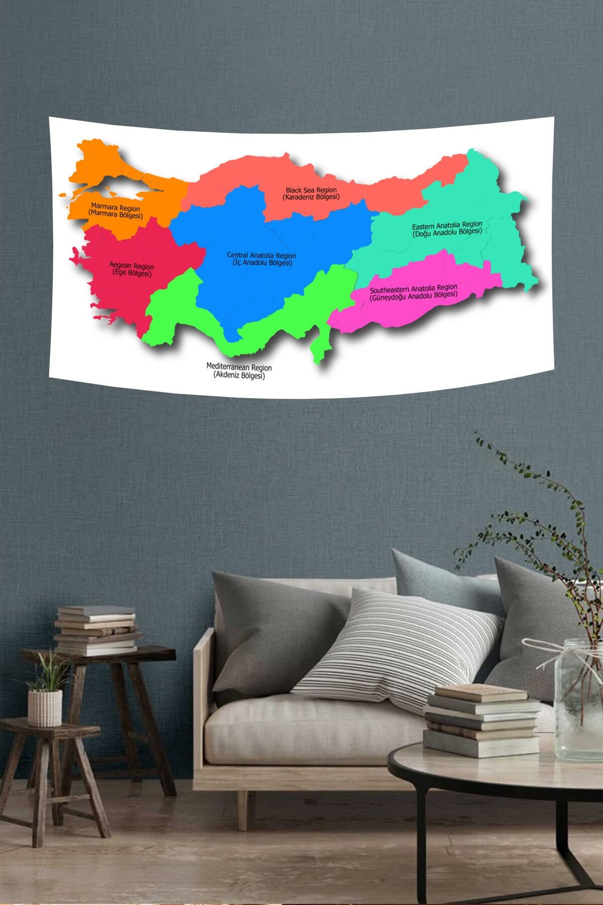 Renkli Türkiye Bölgeler Haritası Duvar Örtüsü