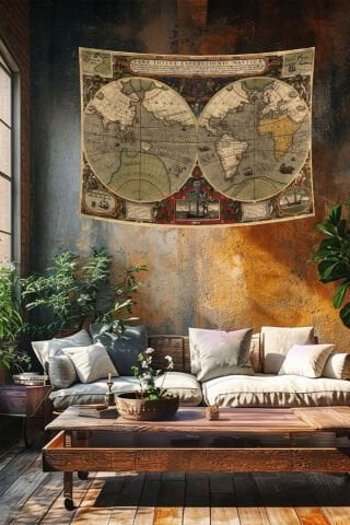 Antik Keşifler Harita Desenli Duvar Örtüsü