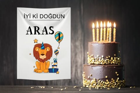 Kişiye Özel Aslan Temalı Doğum Günü Duvar Örtüsü