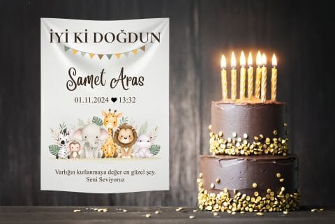 Kişiye Özel Safari Bebek Doğum Günü Duvar Örtüsü