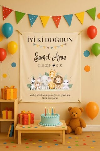 Kişiye Özel Safari Bebek Doğum Günü Duvar Örtüsü