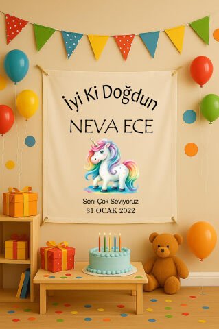 Kişiye Özel Unicorn Doğum Günü Duvar Örtüsü