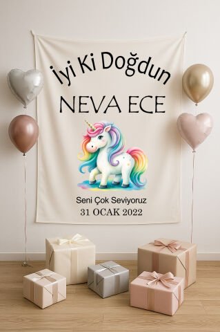 Kişiye Özel Unicorn Doğum Günü Duvar Örtüsü