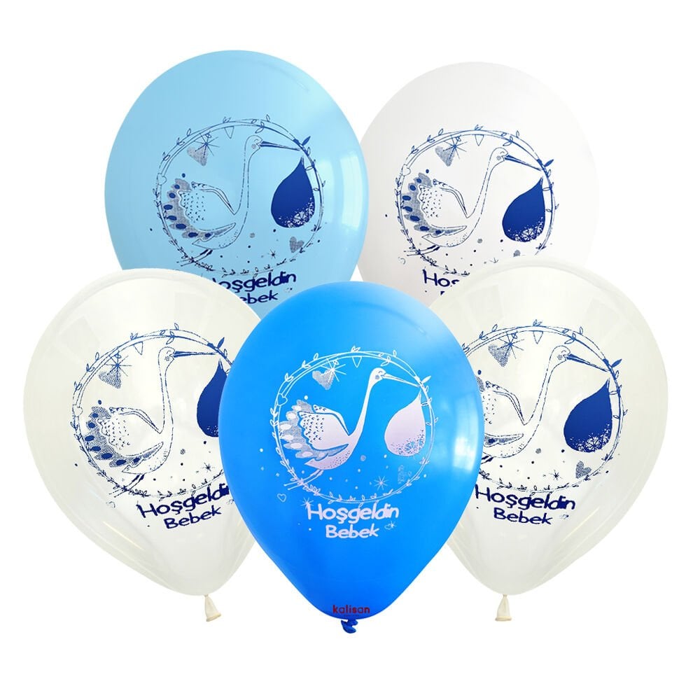 Hoşgeldin Bebek Leylek Baskılı Mavi Lateks Balon Seti (5 adet)