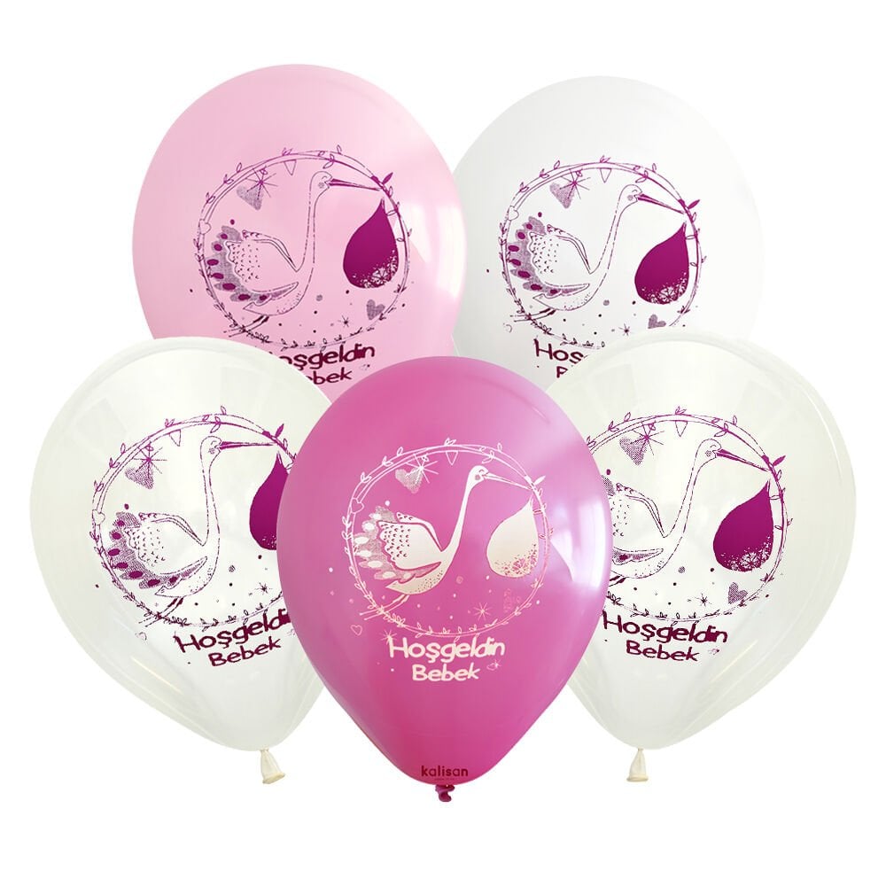 Hoşgeldin Bebek Leylek Baskılı Pembe Lateks Balon Seti (5 adet)