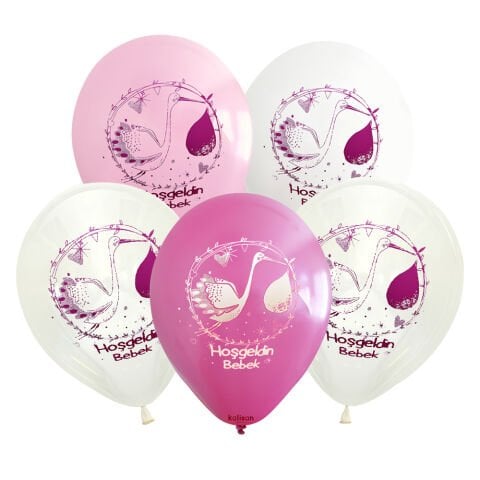 Hoşgeldin Bebek Leylek Baskılı Pembe Lateks Balon Seti (5 adet)