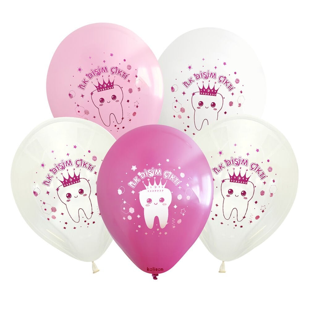 İlk Dişim Çıktı Prenses Diş Baskılı Pembe Balon Seti (5 adet)