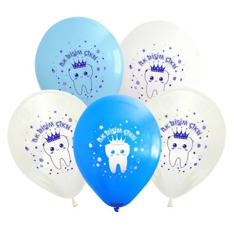 İlk Dişim Çıktı Prenses Diş Baskılı Mavi Balon Seti (5 adet)