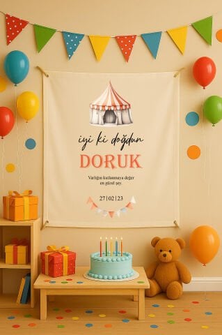 Kişiye Özel Sirk Temalı Doğum Günü Duvar Örtüsü