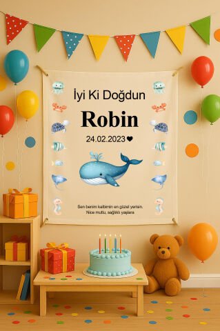 Kişiye Özel Okyanus Temalı Doğum Günü Duvar Örtüsü