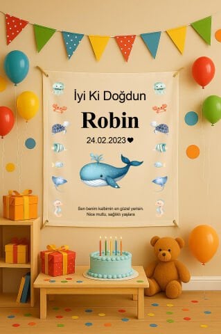 Kişiye Özel Okyanus Temalı Doğum Günü Duvar Örtüsü