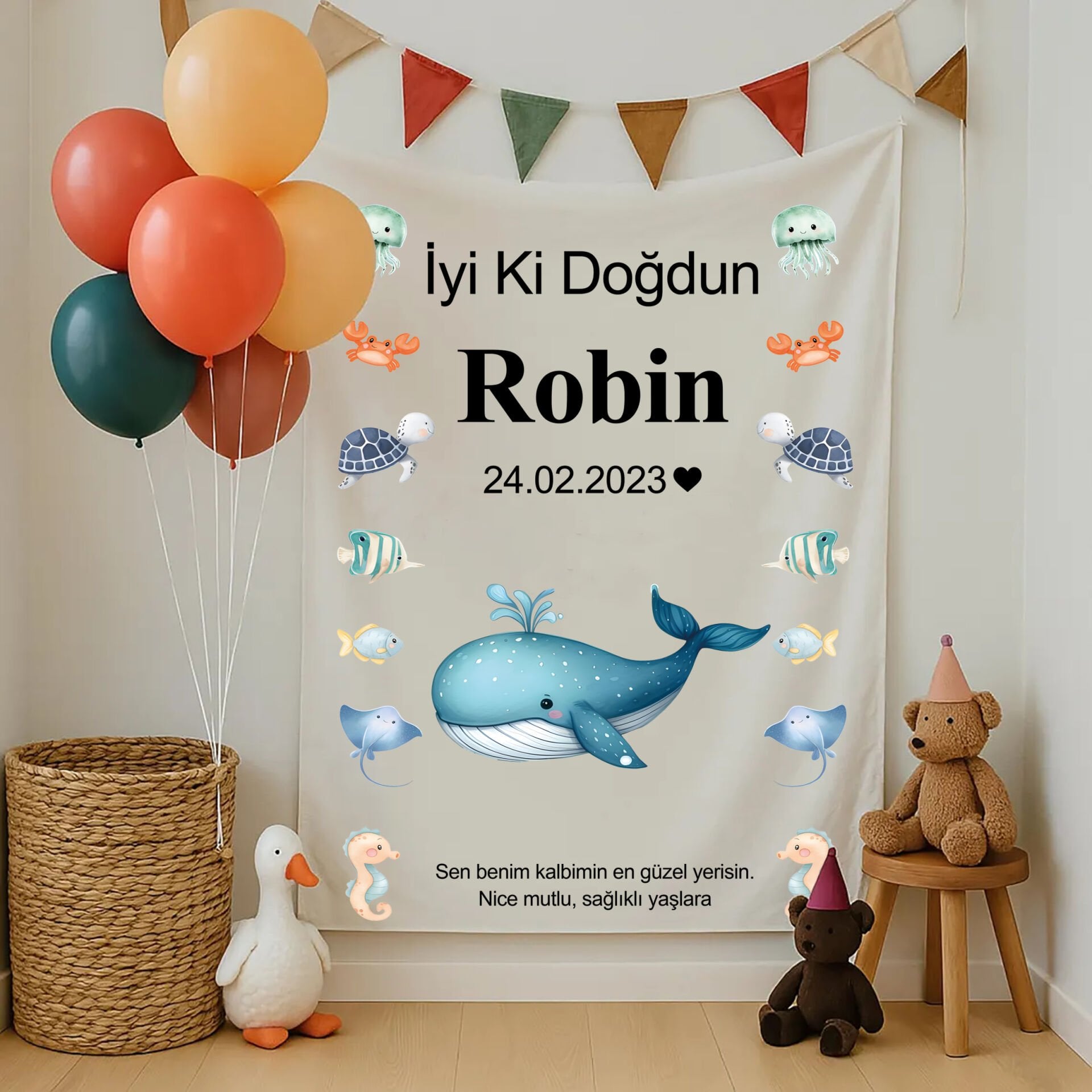 Kişiye Özel Okyanus Temalı Doğum Günü Duvar Örtüsü