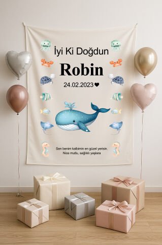 Kişiye Özel Okyanus Temalı Doğum Günü Duvar Örtüsü