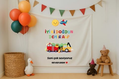 Kişiye Özel Kamyon Temalı Doğum Günü Duvar Örtüsü