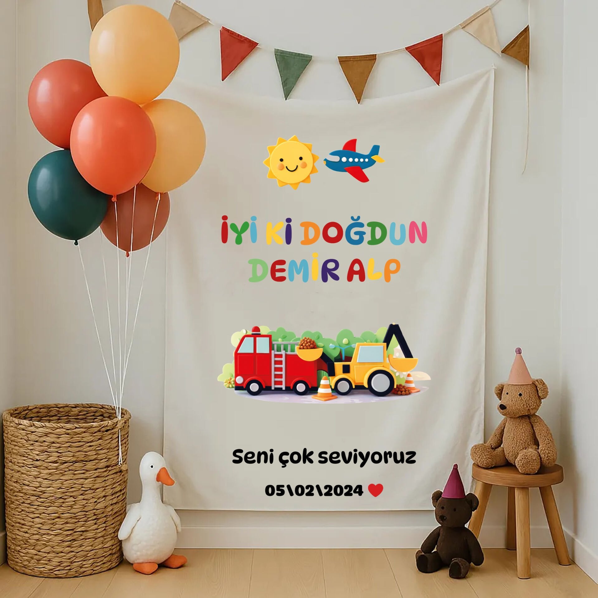 Kişiye Özel Kamyon Temalı Doğum Günü Duvar Örtüsü