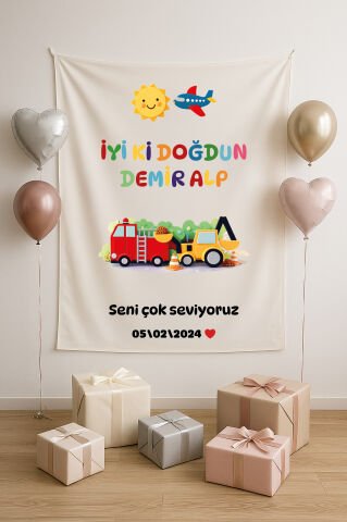 Kişiye Özel Kamyon Temalı Doğum Günü Duvar Örtüsü