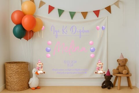 Kişiye Özel Ayıcık Temalı Doğum Günü Duvar Örtüsü