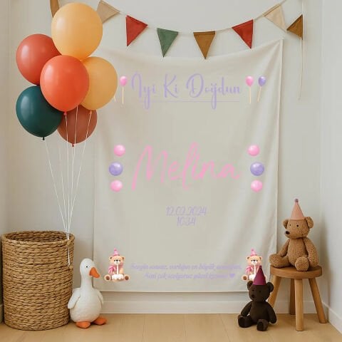 Kişiye Özel Ayıcık Temalı Doğum Günü Duvar Örtüsü