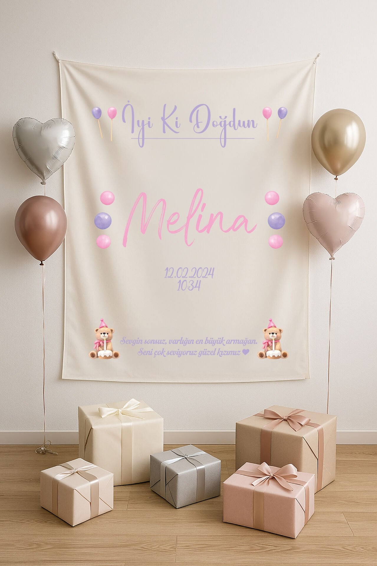 Kişiye Özel Ayıcık Temalı Doğum Günü Duvar Örtüsü